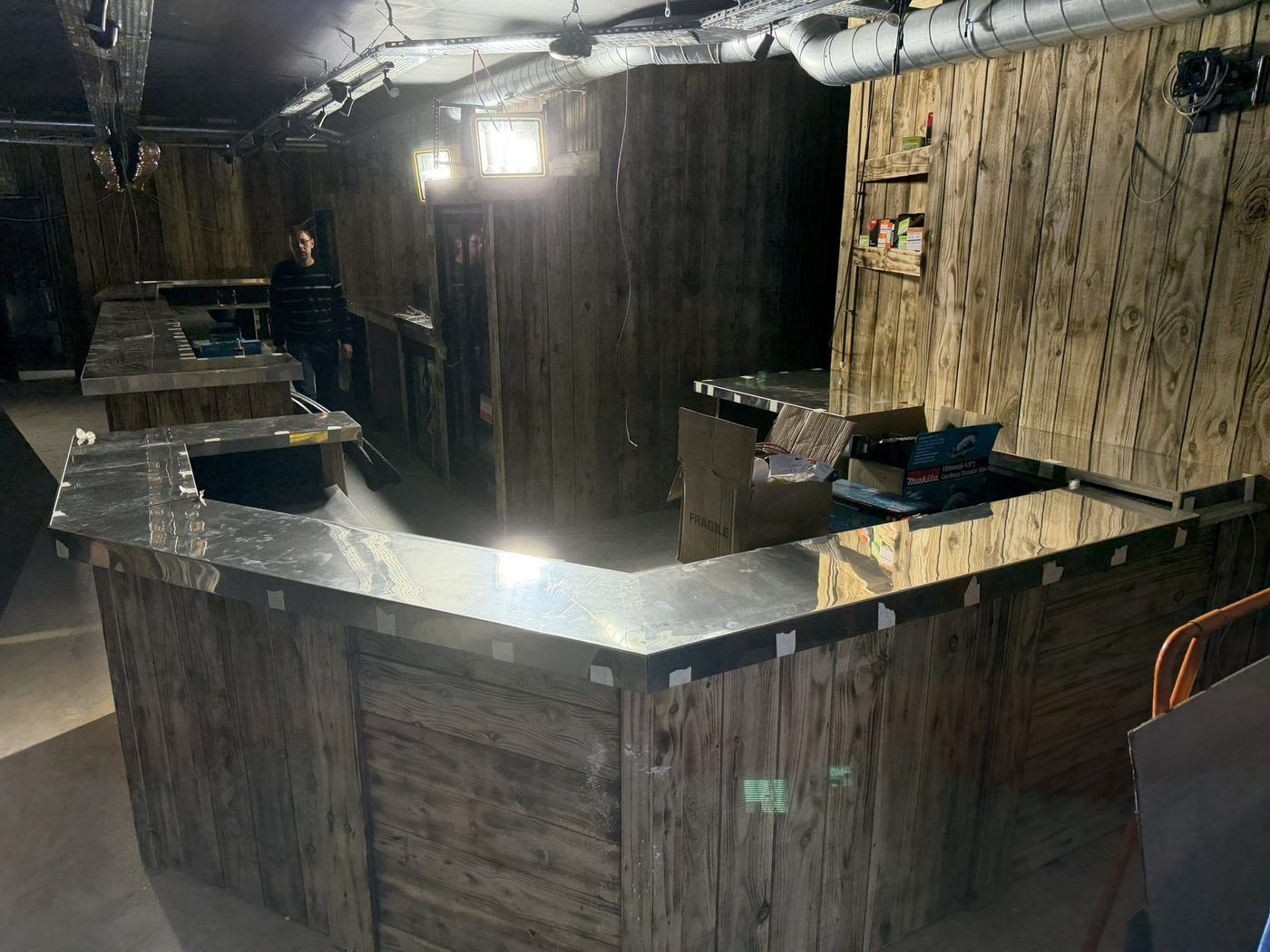Finished pewter bar top, Exeter bowling alley