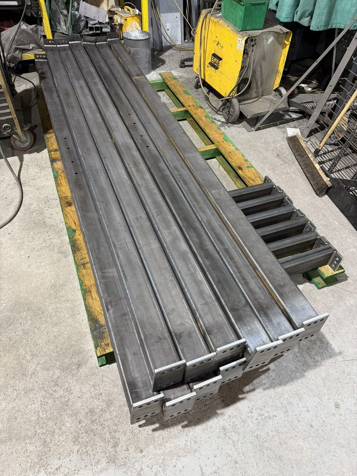 Structural steel frame components, shop floor