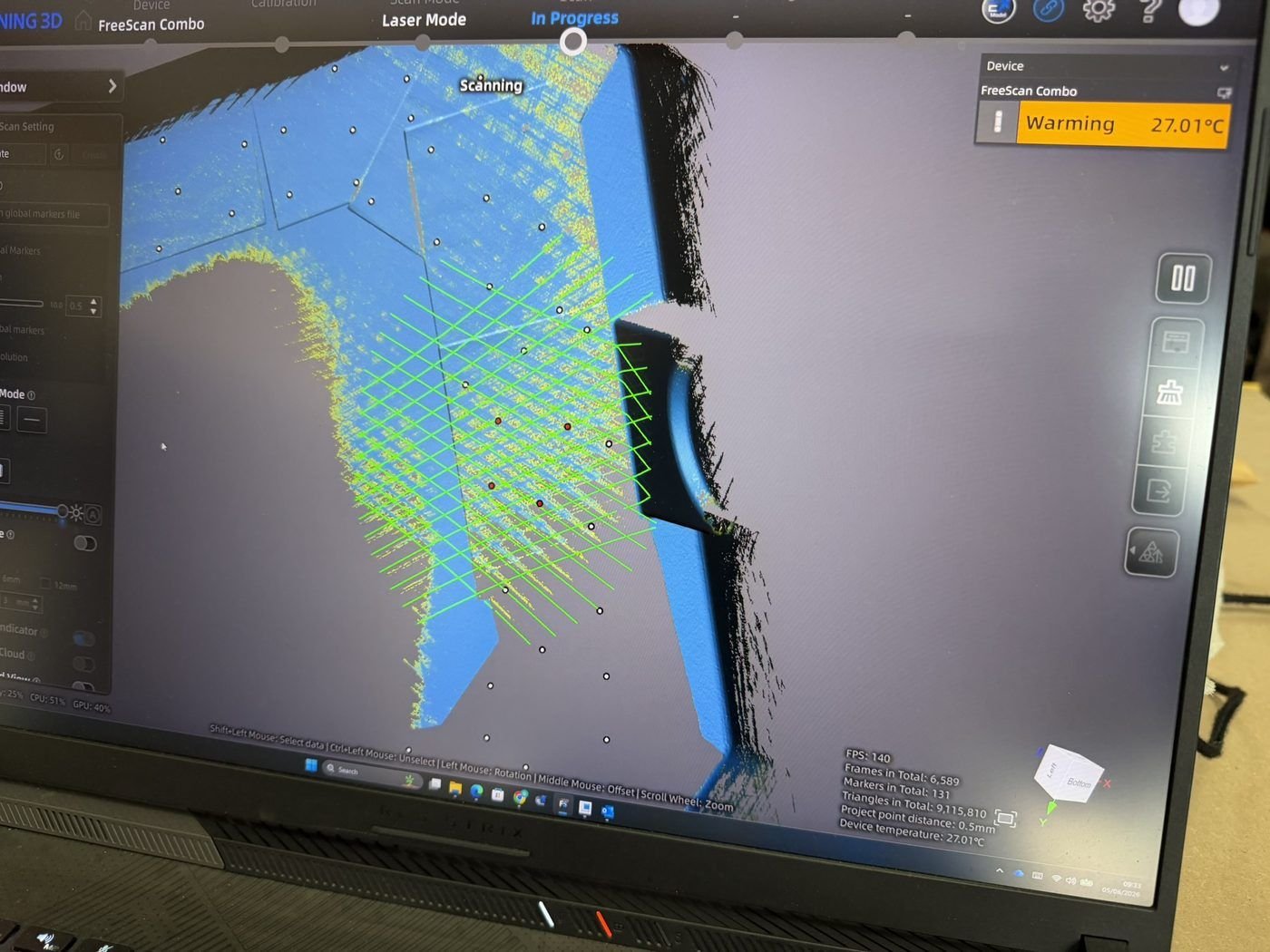 FreeScan Combo software showing a live point cloud mid-scan